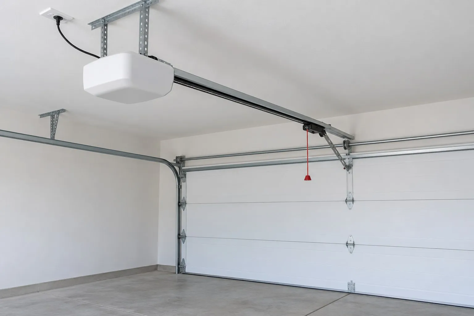 New belt-drive garage door opener installed on a white garage ceiling