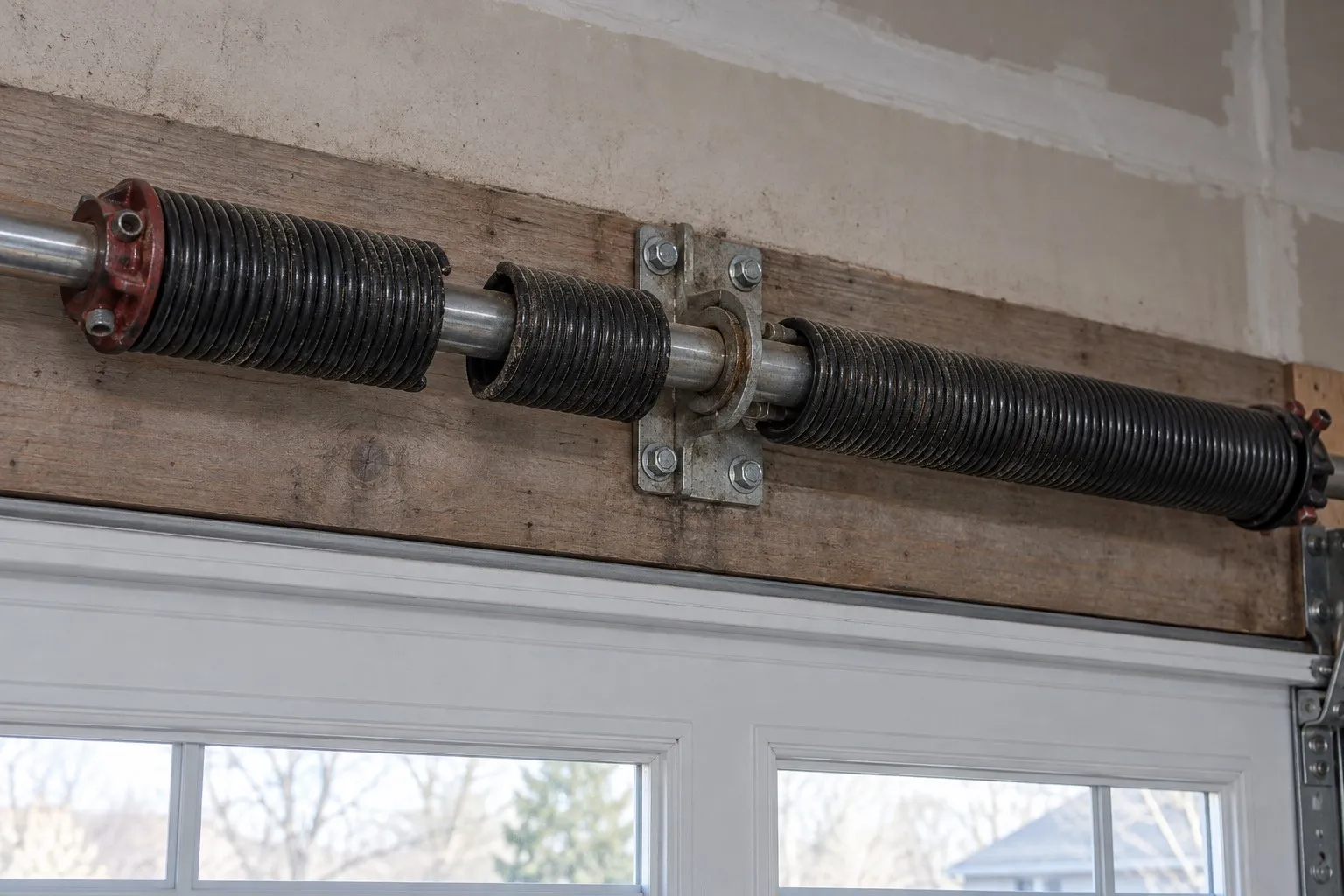 Broken torsion spring on the shaft above a garage door, with a gap in the coil
