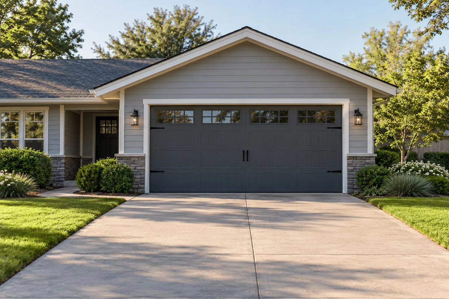 Charcoal carriage-house style garage door on a single-story ranch house