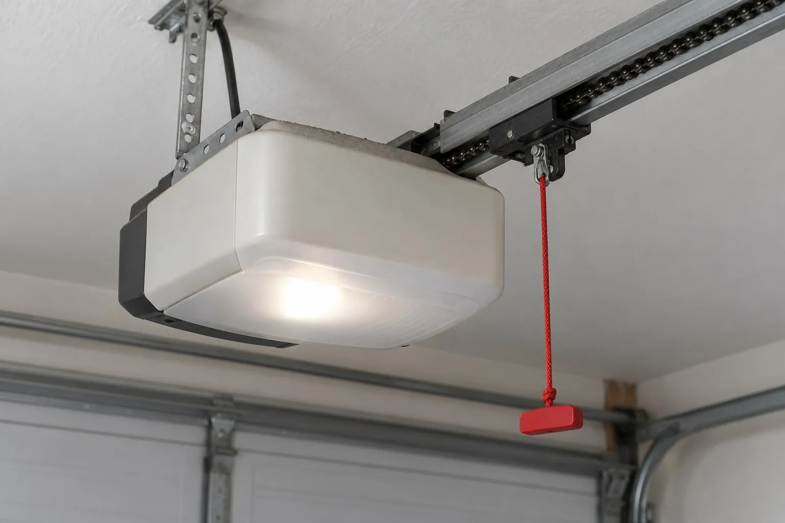 Chain-drive garage door opener mounted on the garage ceiling, with its rail and release cord