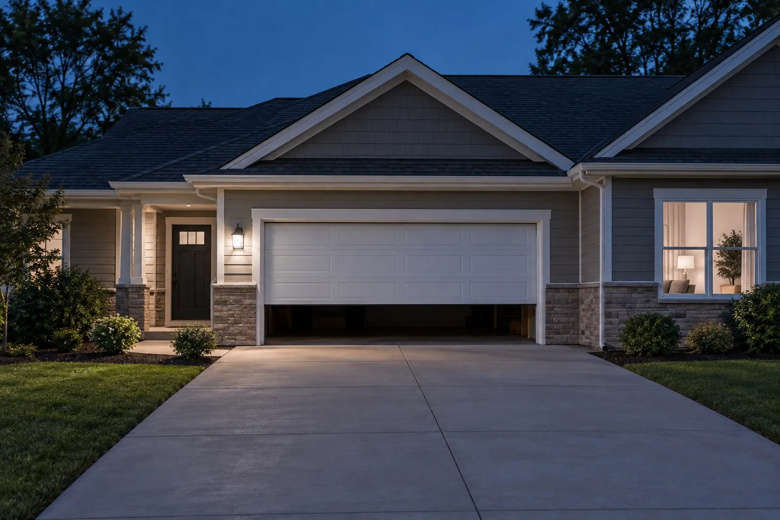 Garage door stuck partly open at dusk on a suburban house