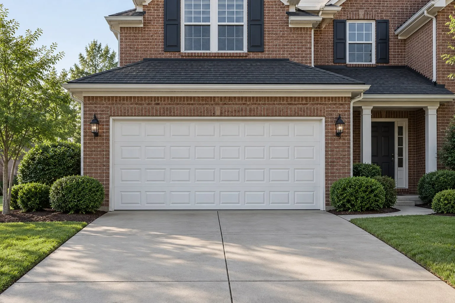White raised-panel sectional garage door on a brick two-story house