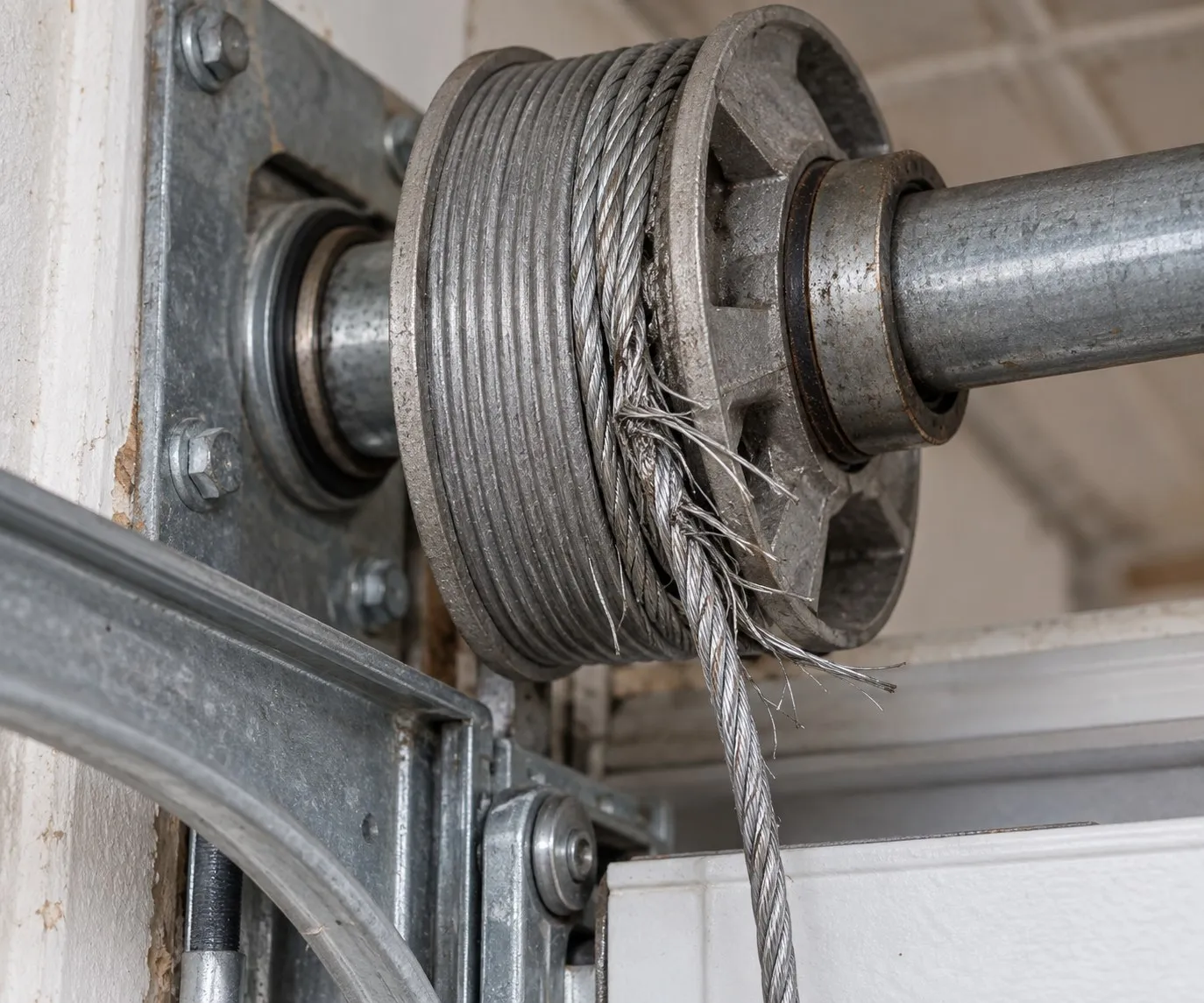 Frayed lift cable slipping off the drum at the end of a garage door torsion shaft