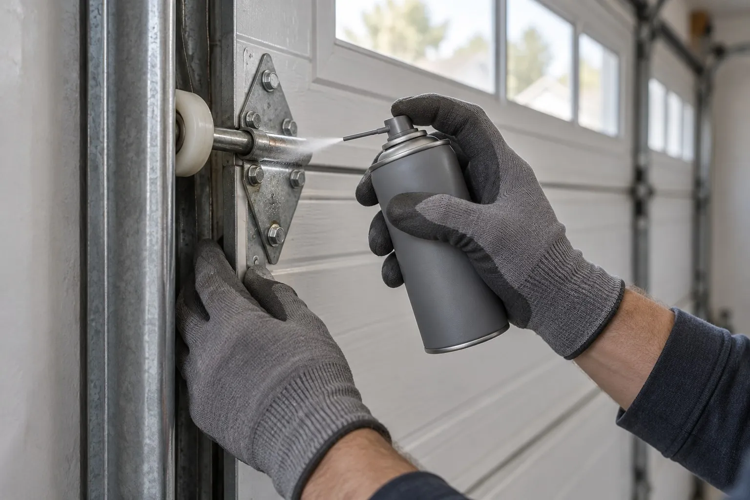 Hinge and roller on a garage door being lubricated during a service visit