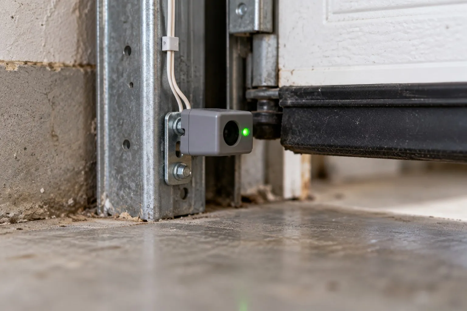 Garage door safety sensor mounted on the track near the floor, indicator lit