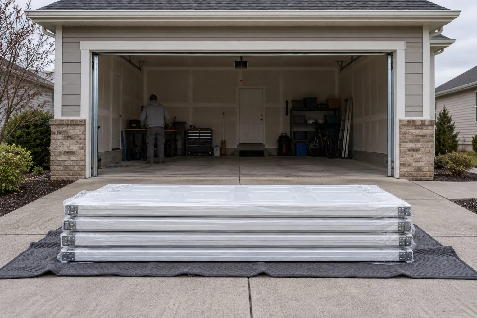 New garage door sections stacked on a driveway beside an empty garage opening