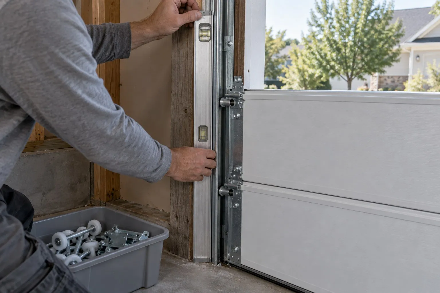 Installer checking a new vertical garage door track with a level