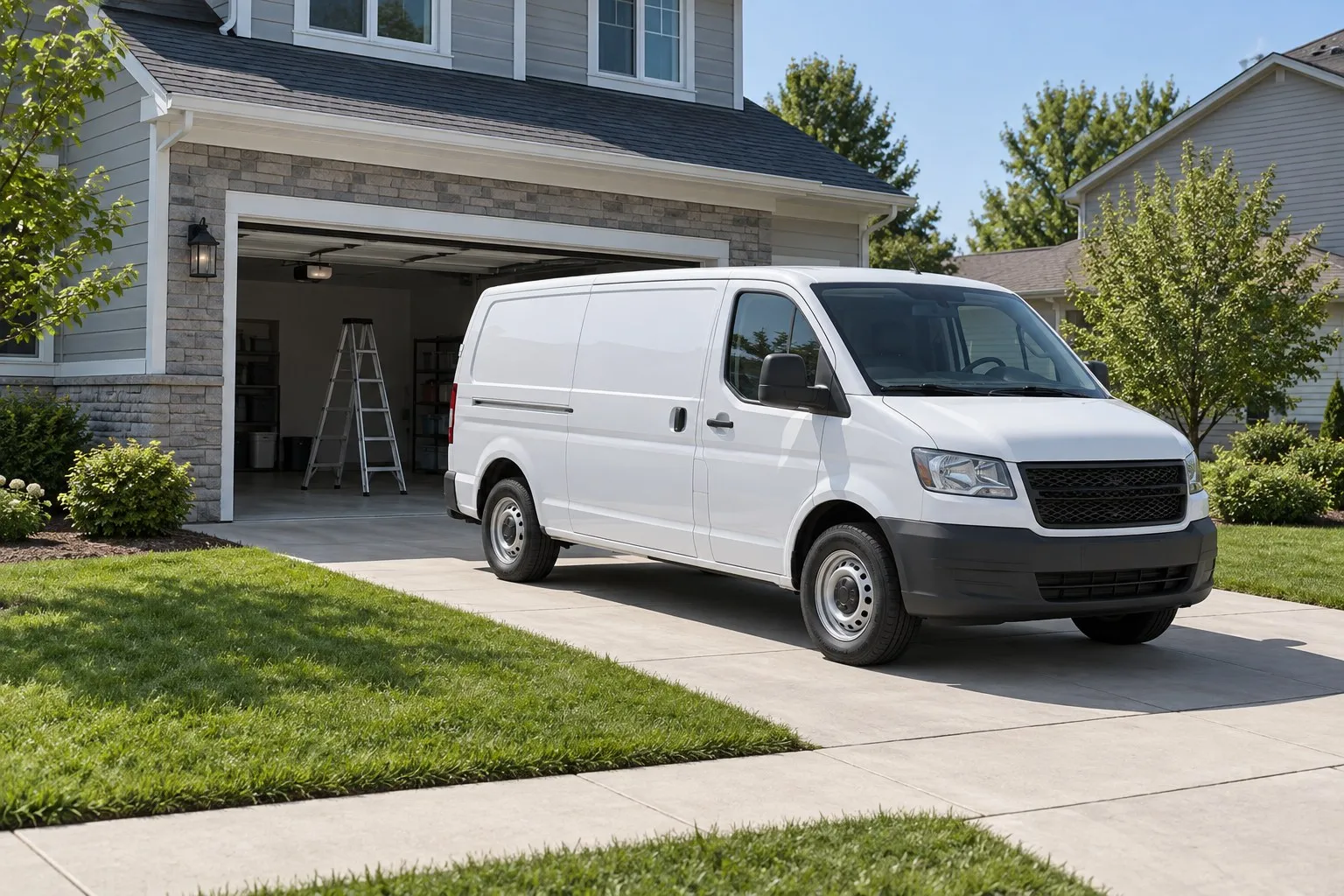 Plain service van parked in front of an open two-car garage